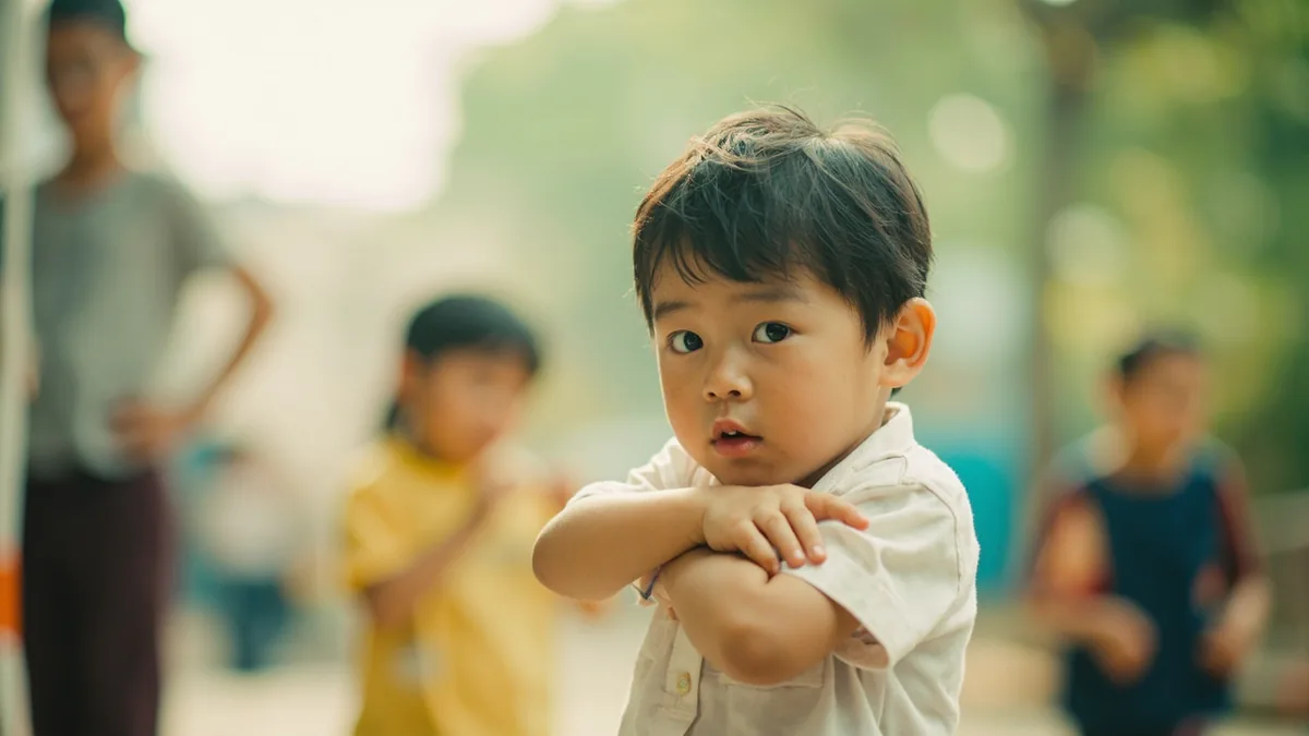A child turns away from another, showing clear displeasure, illustrating “I don t like you” in Chinese: 我不喜欢你 (wǒ bù xǐhuan nǐ)