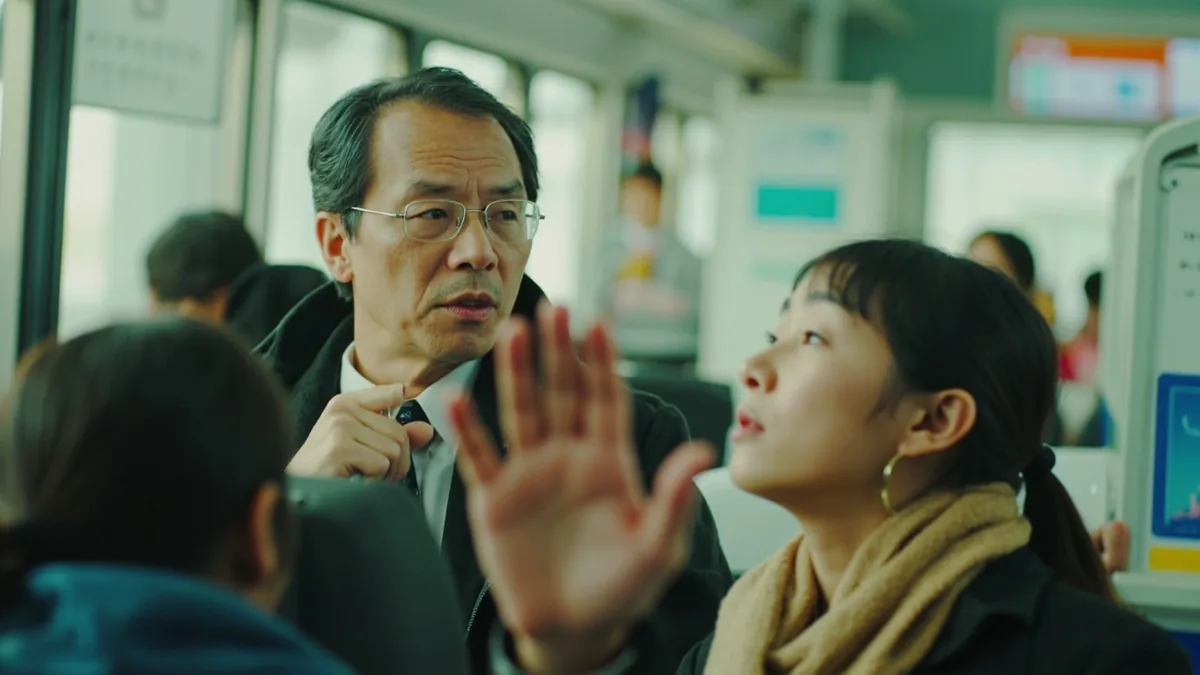 A traveler politely indicates a language barrier with a gentle hand gesture, illustrating “I dont speak” in Chinese: 我不会说中文 (wǒ bú huì shuō Zhōngwén)