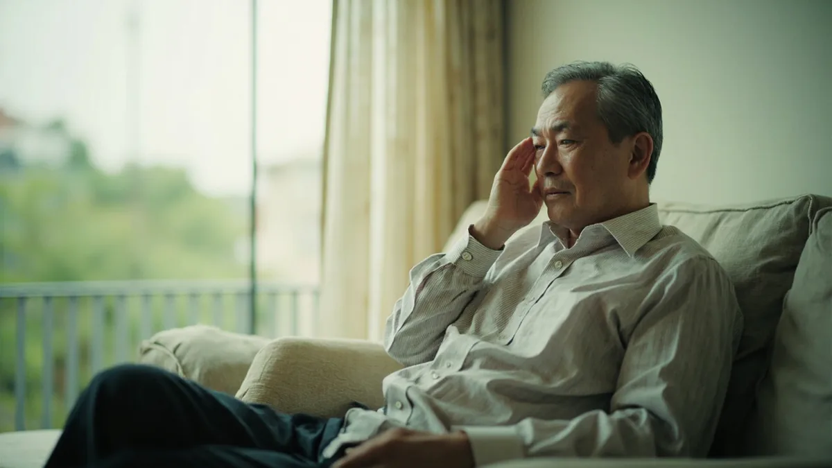 A person touches their forehead, feeling unwell with a fever, illustrating “I have a fever” in Chinese: 我发烧了 (wǒ fāshāo le)