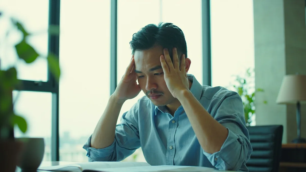 A person gently massages their temples due to a throbbing headache, illustrating “I have a headache” in Chinese: 我头疼 (wǒ tóuténg)
