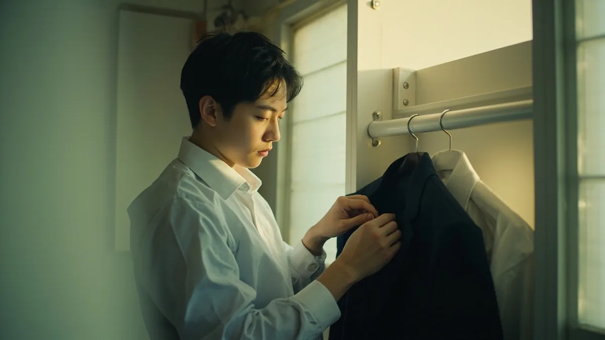 A neat suit is readied the night before an interview, illustrating “I have an interview tomorrow” in Chinese: 我明天有面试 (wǒ míngtiān yǒu miànshì)
