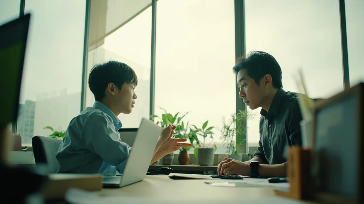 A young professional explains to a colleague that they must stay late for work, illustrating “I have to work overtime today” in Chinese: 我今天要加班 (wǒ jīntiān yào jiābān)