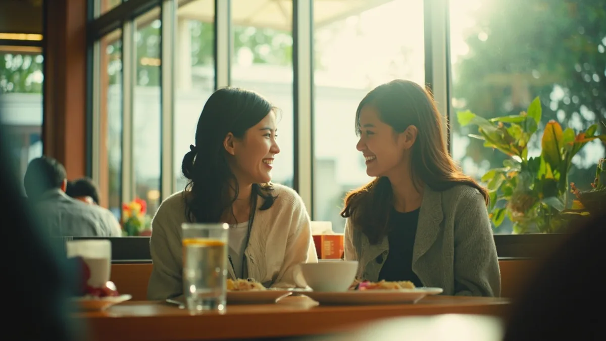 A friend nods knowingly as another describes food preferences, illustrating “I know” in Chinese: 我知道 (wǒ zhīdào)