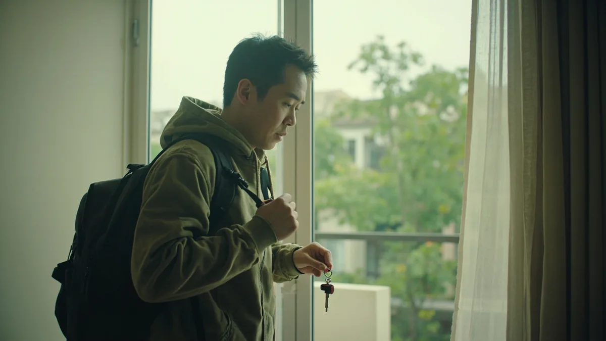 A person quickly gathers their belongings to leave a room, illustrating “I'll be right there” in Chinese: 我马上来 (wǒ mǎshàng lái)