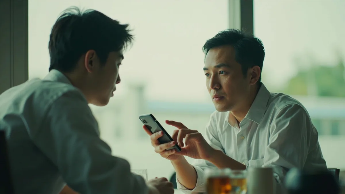 A person taps a screen to share digital content with another, illustrating “I'll forward it to you” in Chinese: 我转发给你 (wǒ zhuǎnfā gěi nǐ)