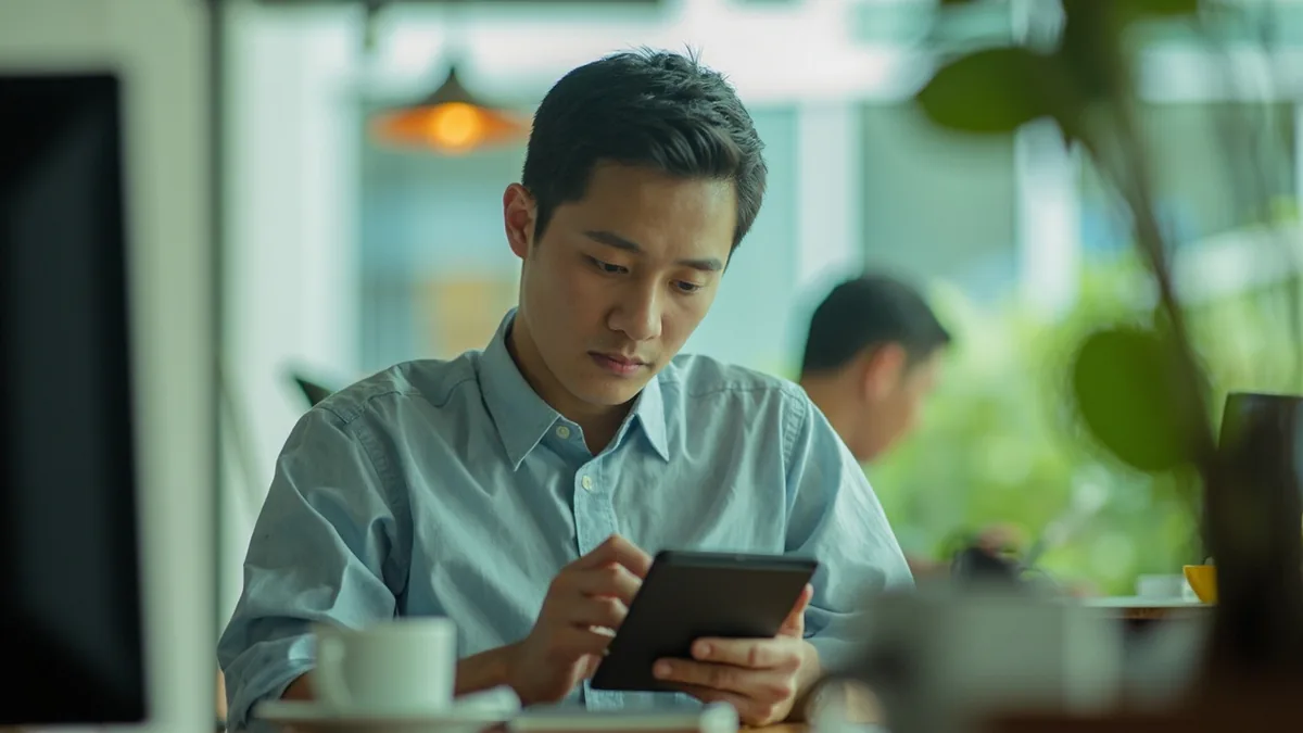 A professional quickly types a brief response on a tablet at a shared workspace, illustrating “I'll get back to you shortly” in Chinese: 稍后回复你 (shāohòu huífù nǐ)