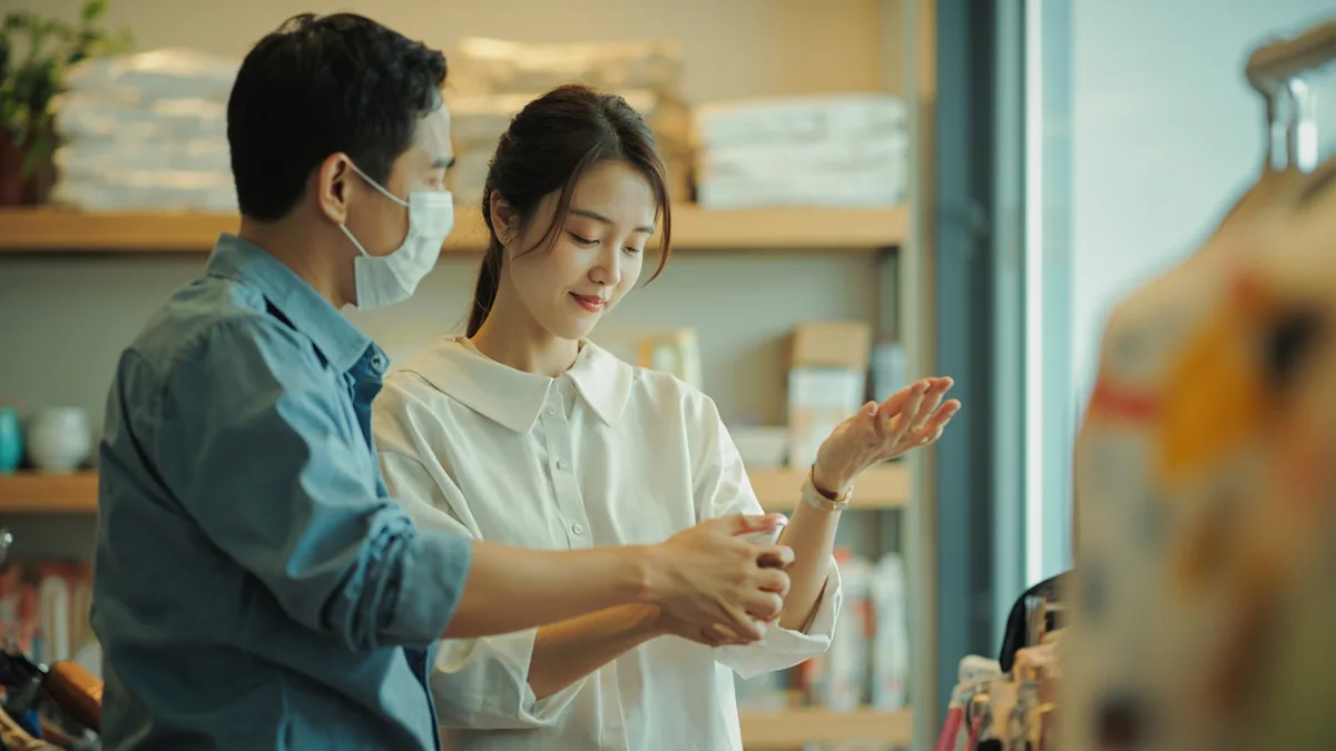 A shopper politely declines help from a store assistant with a small wave, illustrating “I'll keep looking or just browsing” in Chinese: 我再看看 (wǒ zài kànkan)