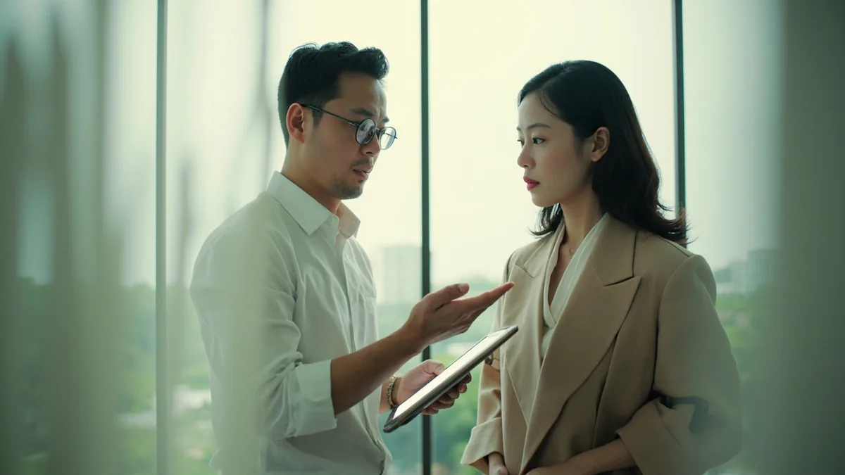 Two colleagues discuss a document, one gestures toward a shared device, illustrating “I'll send you the file” in Chinese: 我把文件发给你 (wǒ bǎ wénjiàn fā gěi nǐ)