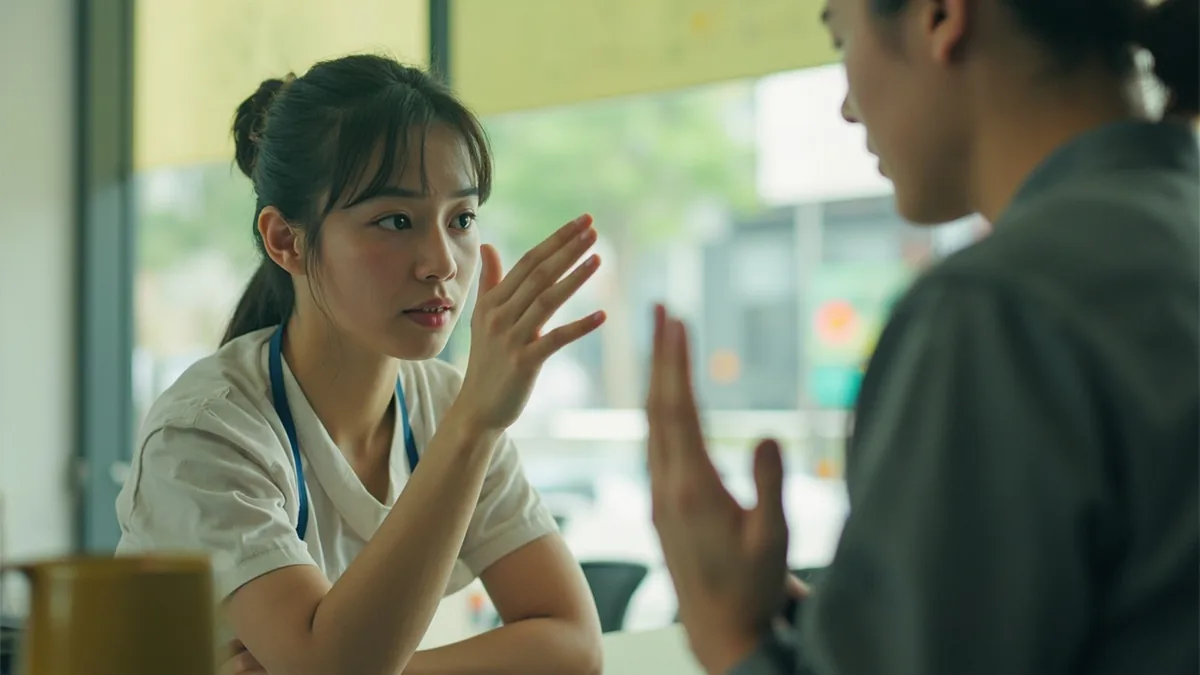 A service worker quickly addresses a customer's concern with urgency, illustrating “I'll take care of it right away” in Chinese: 我马上处理 (wǒ mǎshàng chǔlǐ)