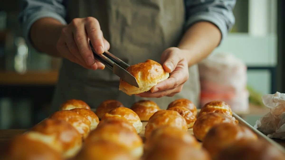 A person selects a freshly baked bun from a tray, illustrating “I'll take this one” in Chinese: 我要这个 (wǒ yào zhège)