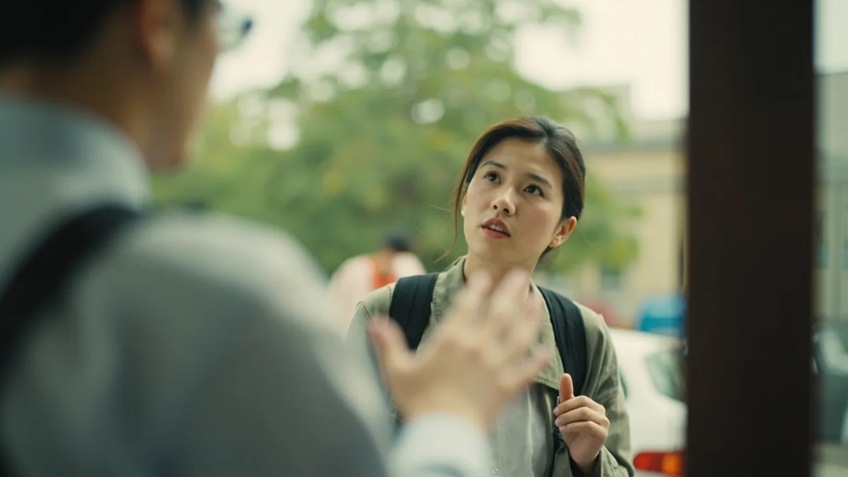 A helpful guide gestures for a visitor to follow them, illustrating “I'll take you there” in Chinese: 我带您过去 (wǒ dài nín guòqu)