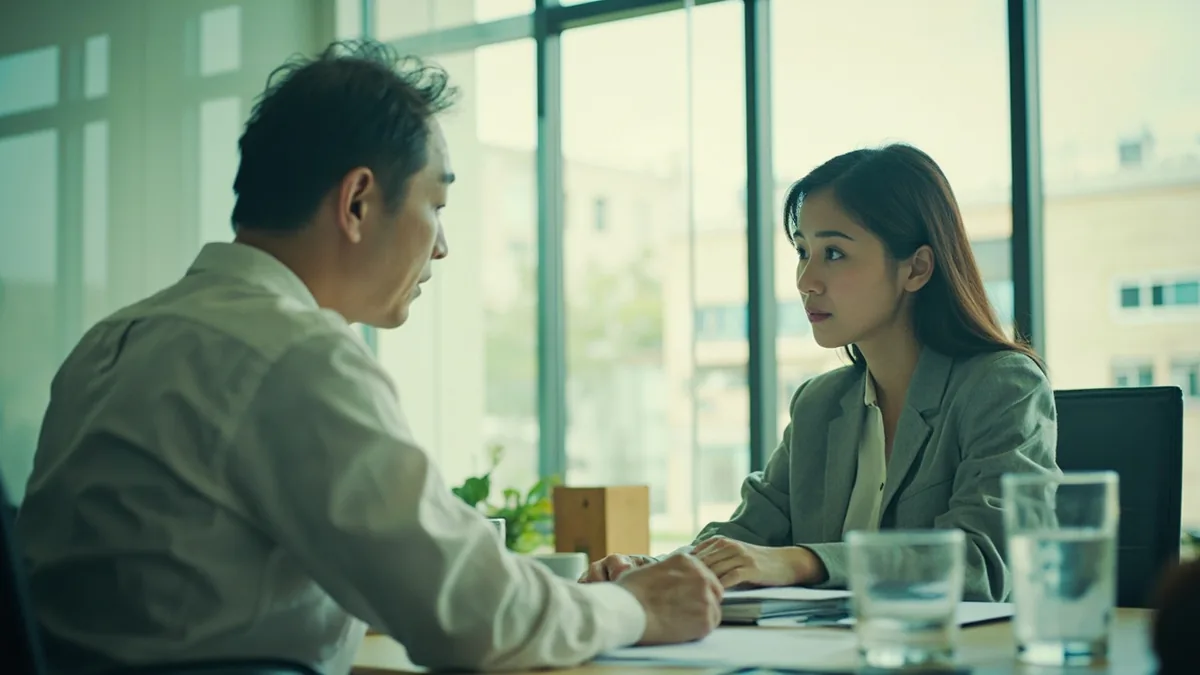 A younger colleague shows respect to a senior mentor in a meeting, illustrating “I look forward to your guidance” in Chinese: 请多指教 (qǐng duō zhǐjiào)