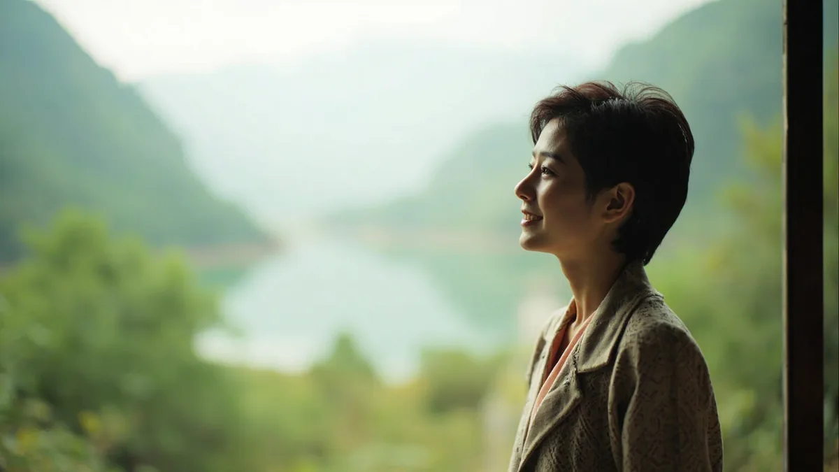A person smiles warmly while looking at a scenic Chinese landscape, illustrating “I love China” in Chinese: 我爱中国 (wǒ ài Zhōngguó)