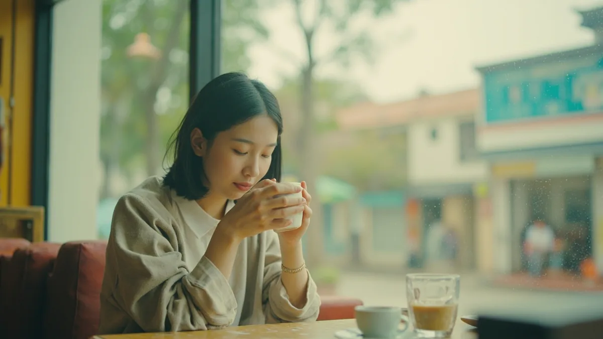 A young woman sips her favorite coffee with a contented expression, illustrating “I love” in Chinese: 我喜欢 (wǒ xǐhuan)