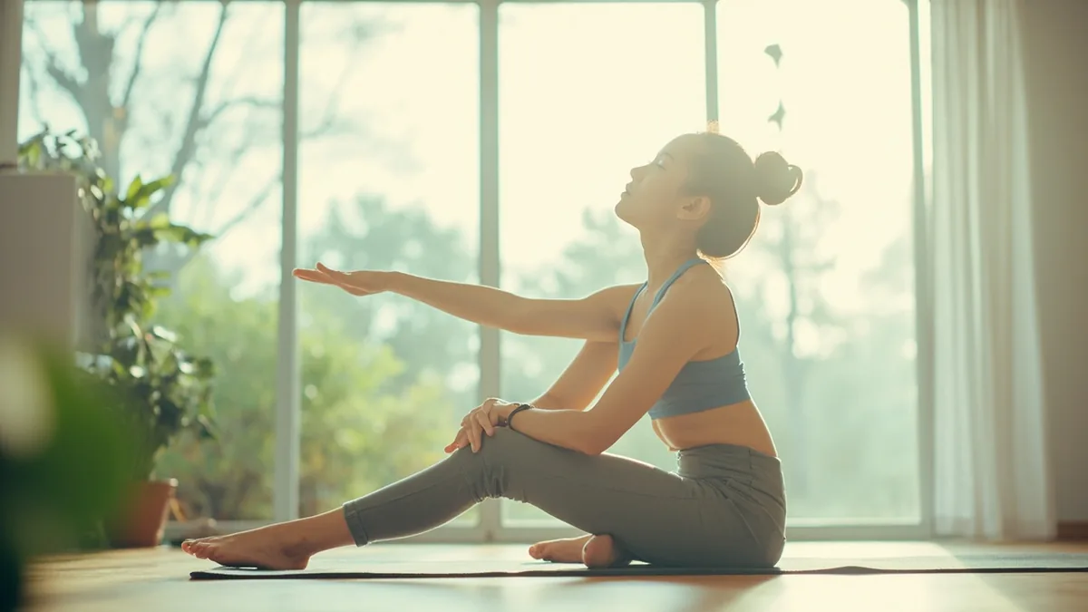 A woman smiles confidently while stretching during a workout, illustrating “I love my self” in Chinese: 我爱自己 (wǒ ài zìjǐ)