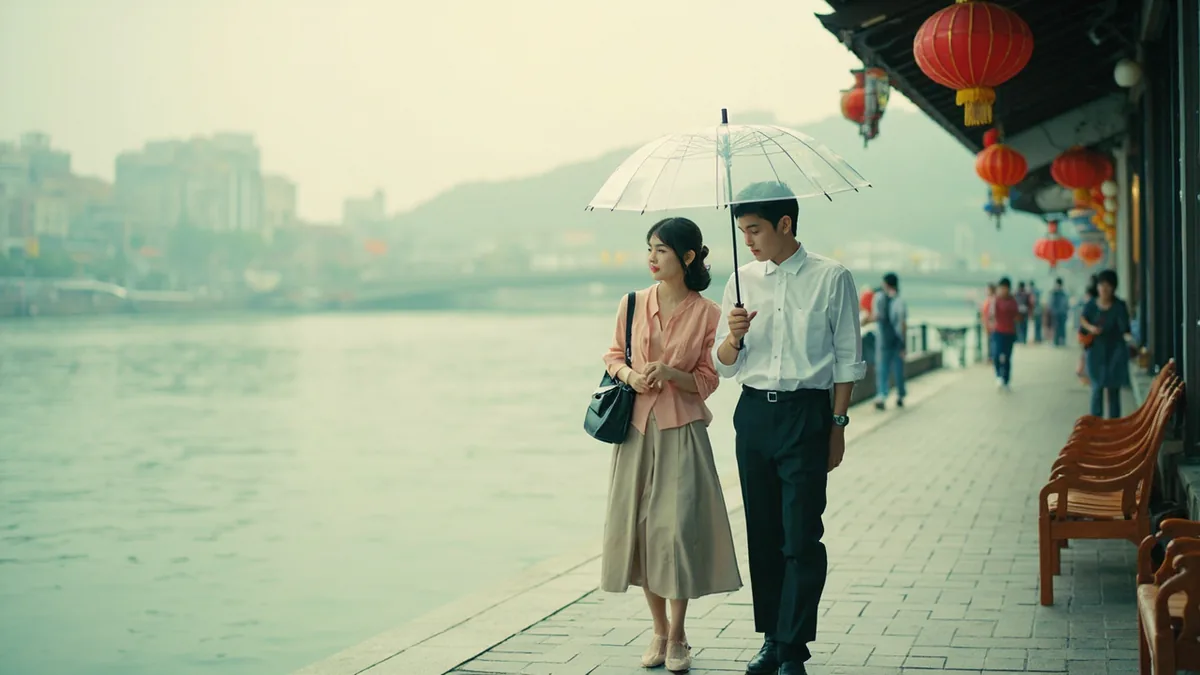A couple walks beneath an umbrella beside a river, illustrating “I love you” in Chinese: 我爱你 (wǒ ài nǐ)
