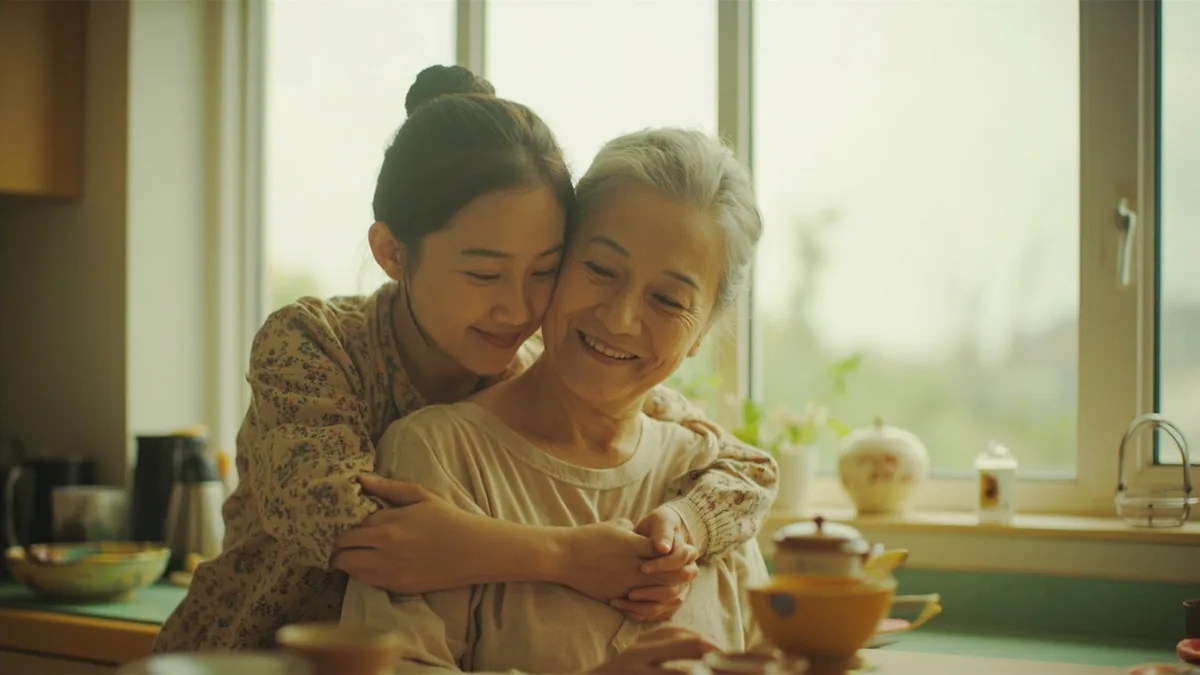A young adult hugs their mother warmly in a home kitchen, illustrating “I love you mom” in Chinese: 妈妈，我爱你 (māma, wǒ ài nǐ)