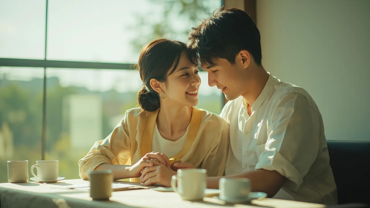 A couple shares a soft, knowing smile and a gentle hand squeeze, illustrating “I love you too” in Chinese: 我也爱你 (wǒ yě ài nǐ)