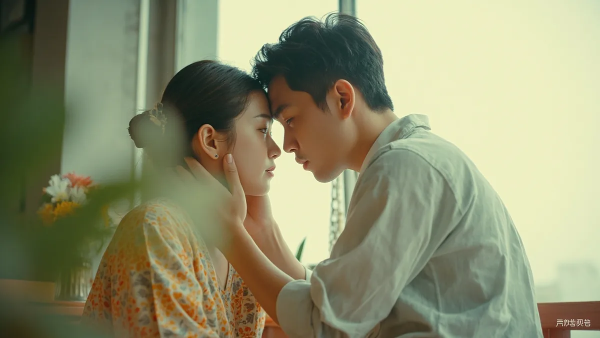 A partner leans in to kiss their beloved on the forehead tenderly, illustrating “I love you very much” in Chinese: 我非常爱你 (wǒ fēicháng ài nǐ)