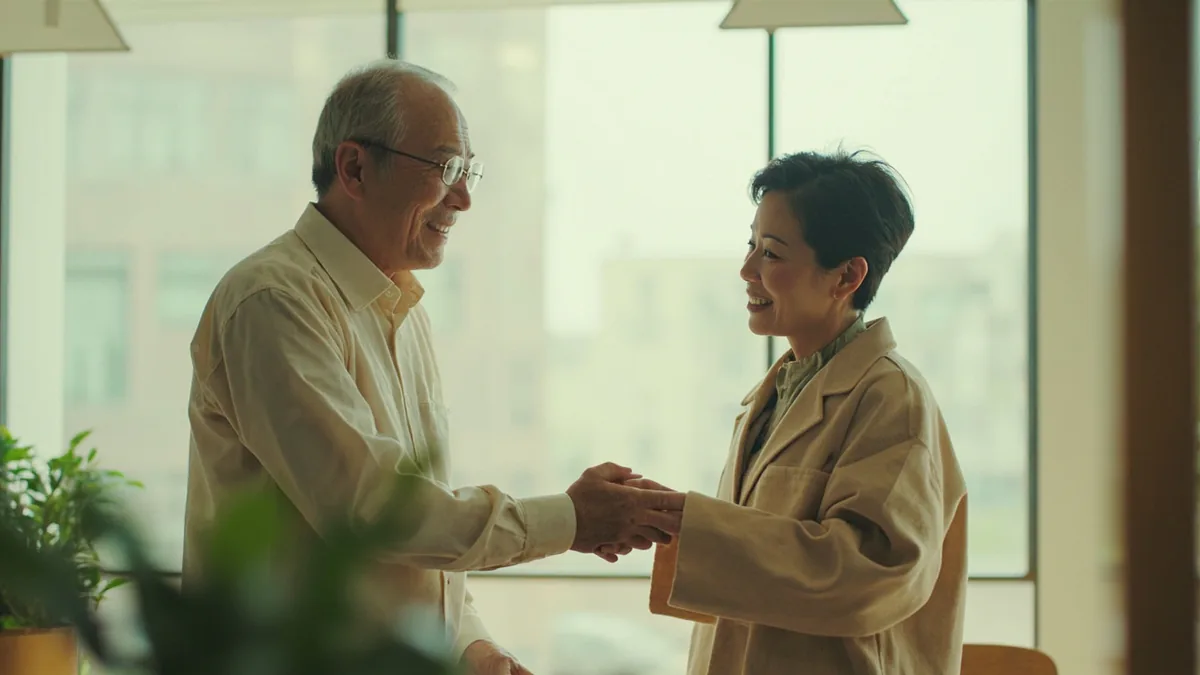 Two adults introduce themselves to each other in a community center lobby, illustrating “I'm american” in Chinese: 我是美国人 (wǒ shì Měiguó rén)