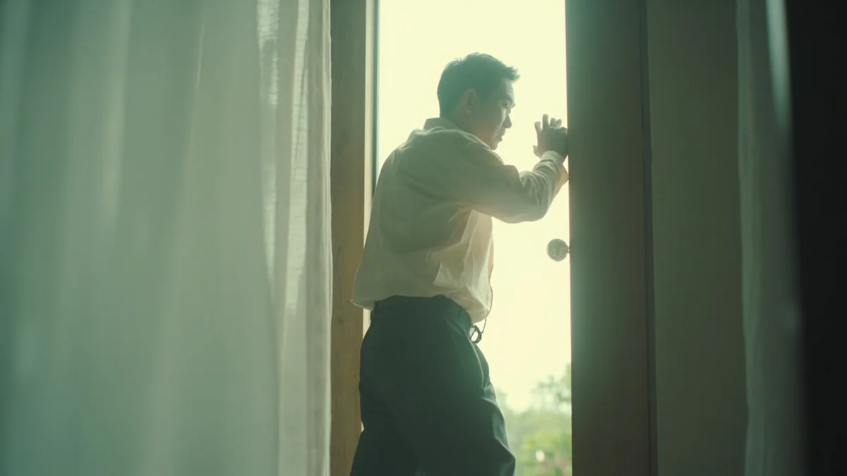 An adult quickly moves toward a front door after hearing a knock, illustrating “I'm coming” in Chinese: 我来了 (wǒ lái le)