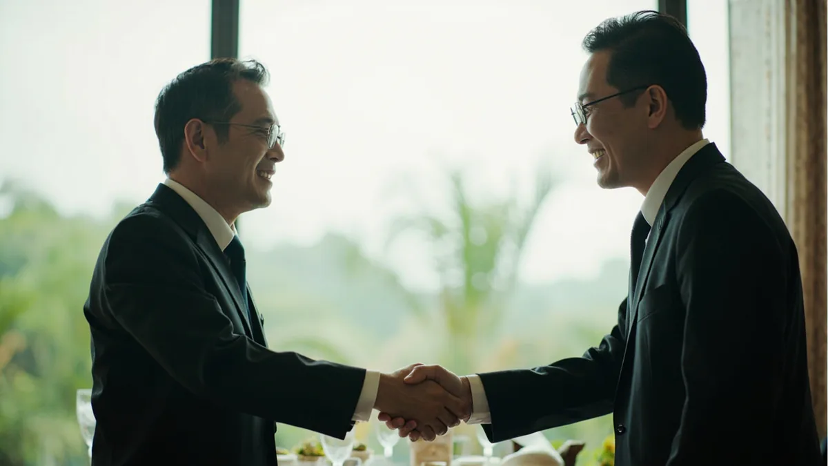 Two business professionals exchange pleasantries during a networking event, illustrating “I'm from … company” in Chinese: 我是……公司的 (wǒ shì... gōngsī de)