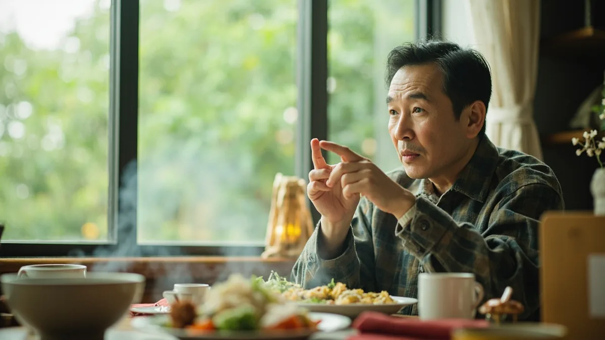 An adult gently declines more food after finishing a satisfying meal, illustrating “I'm full” in Chinese: 我吃饱了 (wǒ chī bǎo le)