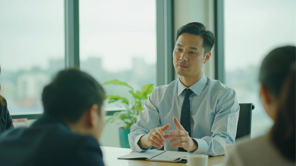 A professional introduces their role during a small business meeting, illustrating “I'm in charge of sales” in Chinese: 我负责销售 (wǒ fùzé xiāoshòu)