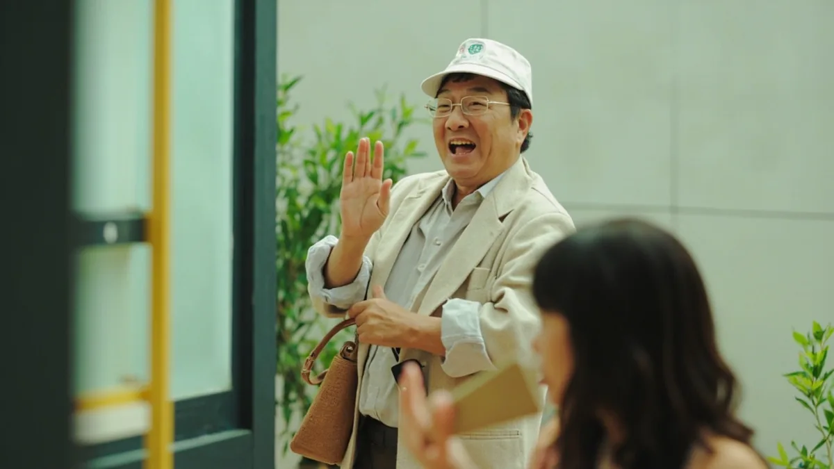 An adult arrives slightly flustered for an appointment, making an apologetic gesture, illustrating “(I'm) late” in Chinese: 迟到了 (chídào le)