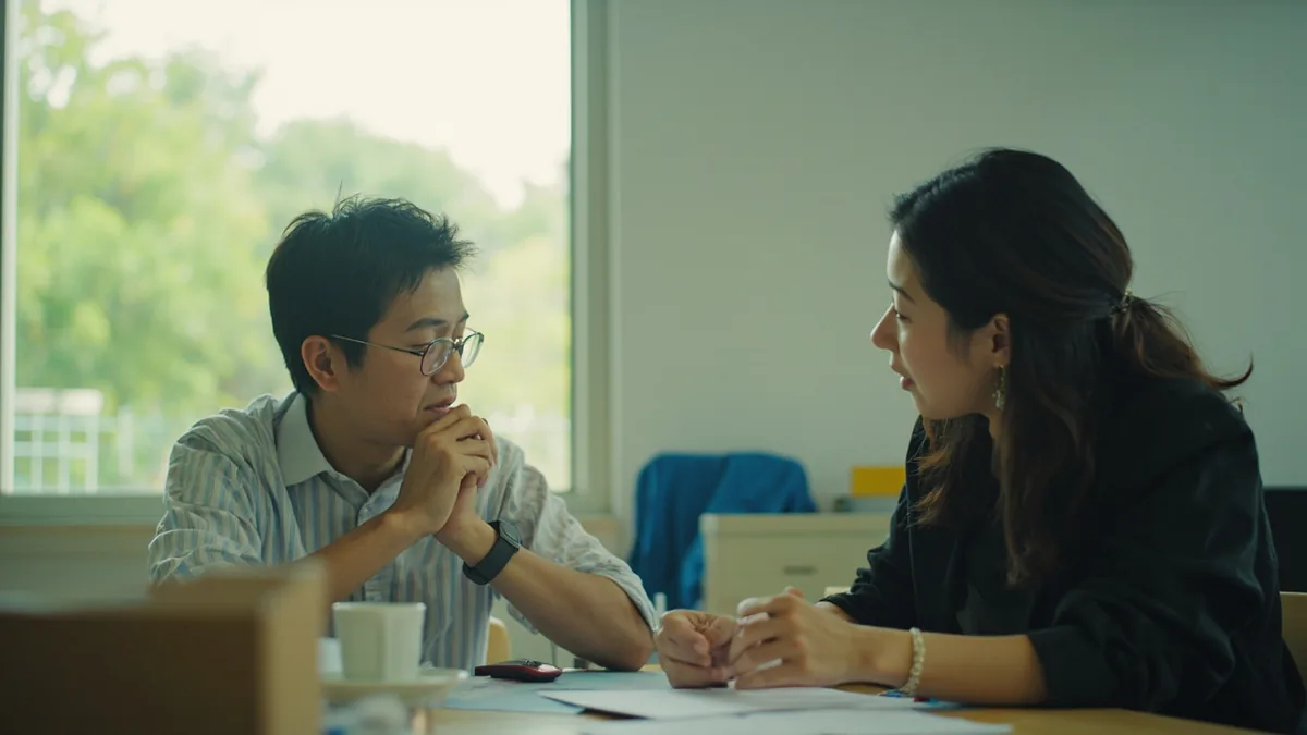 A student practices speaking Chinese with a patient conversation partner, illustrating “I'm learning Chinese” in Chinese: 我在学中文 (wǒ zài xué Zhōngwén)