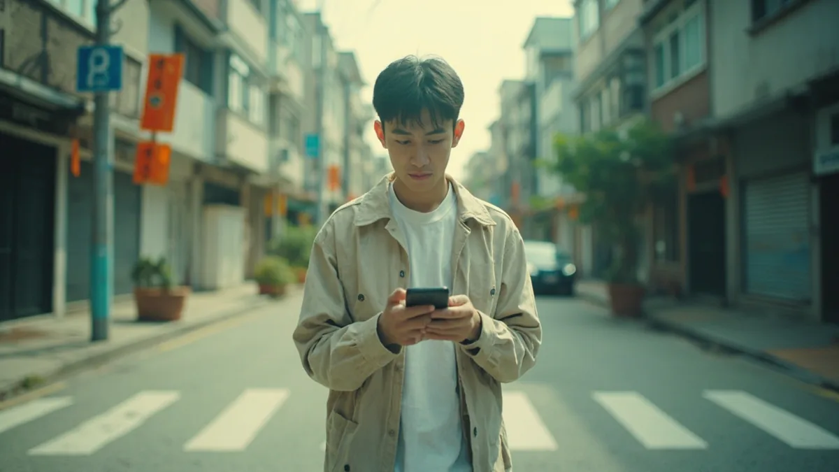 A person looking confused while checking a phone in an unfamiliar area, illustrating “I'm lost” in Chinese: 我迷路了 (wǒ mílù le)
