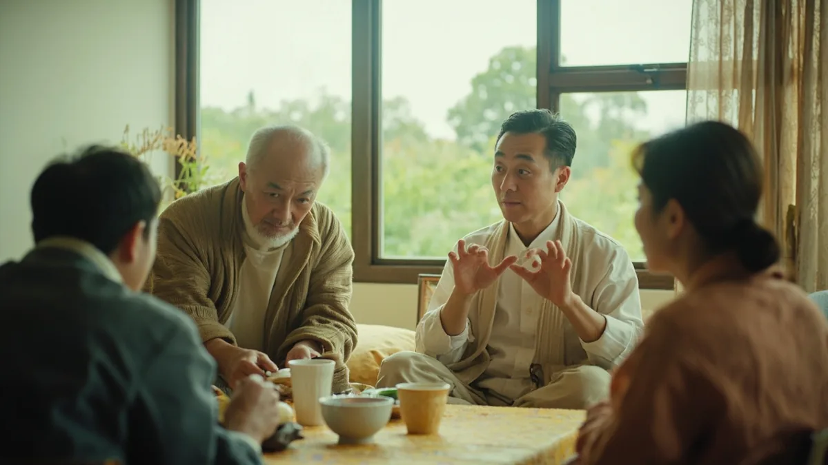 An adult makes a polite leaving gesture to friends after a gathering, illustrating “I'm off or gotta go” in Chinese: 我先走了 (wǒ xiān zǒu le)