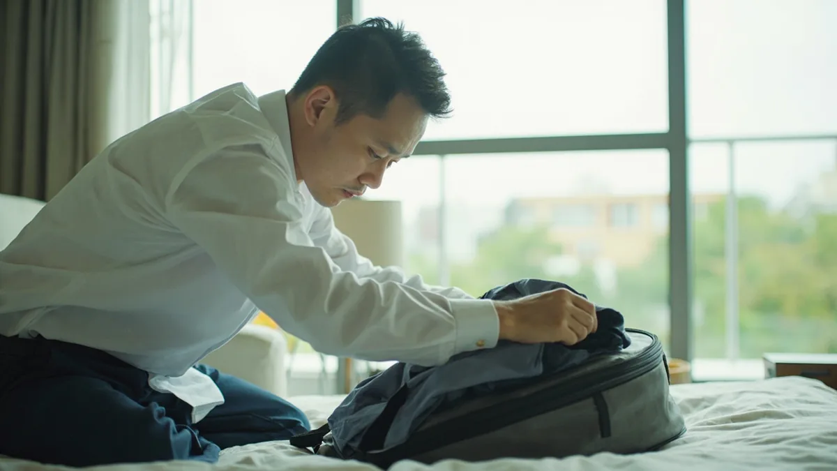 A professional packing a small suitcase for an upcoming business trip, illustrating “I'm on a business trip tomorrow” in Chinese: 我明天出差 (wǒ míngtiān chūchāi)