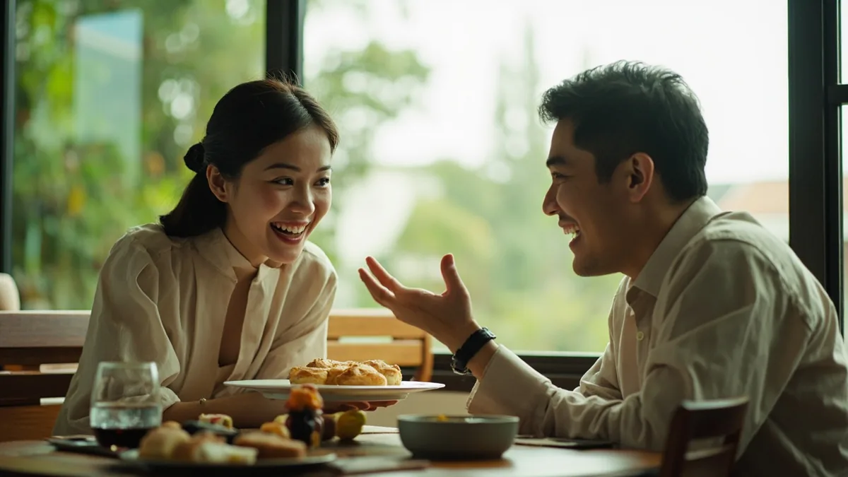 At a casual social gathering, a person politely declines a dessert, illustrating “I'm on a diet” in Chinese: 我减肥呢 (wǒ jiǎnféi ne)