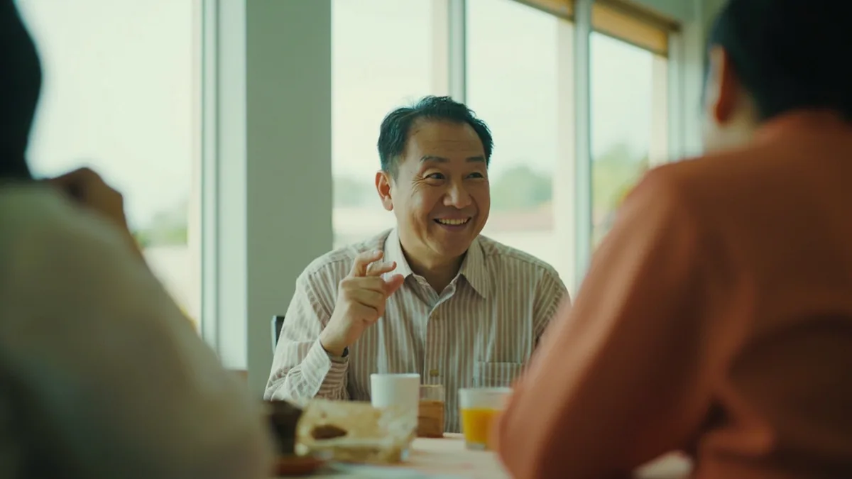 A young adult smiles and gestures to themselves while talking about age, illustrating “I'm thirty years old” in Chinese: 我今年三十岁 (wǒ jīnnián sānshí suì)