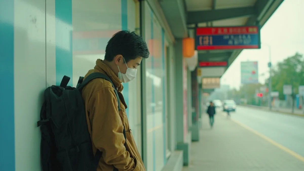 A young adult leans against a wall after a long commute, illustrating “I'm tired” in Chinese: 我累了 (wǒ lèi le)