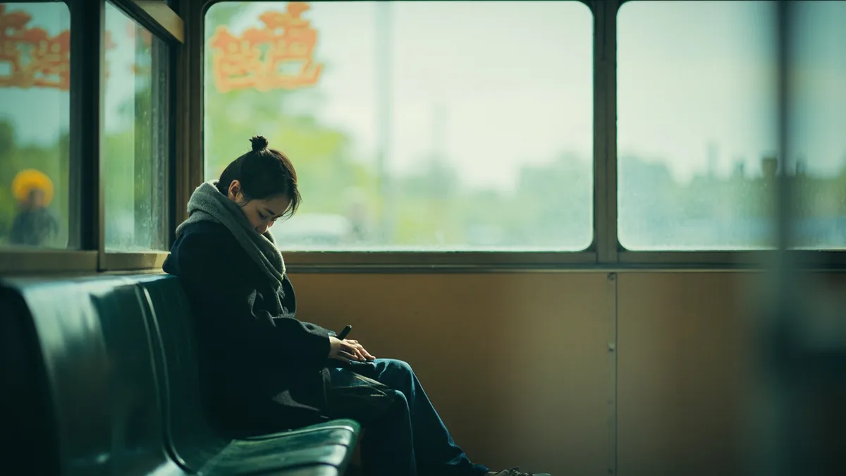 A person sits quietly with a somber expression, looking down, illustrating “I'm very sad” in Chinese: 我很难过 (wǒ hěn nánguò)