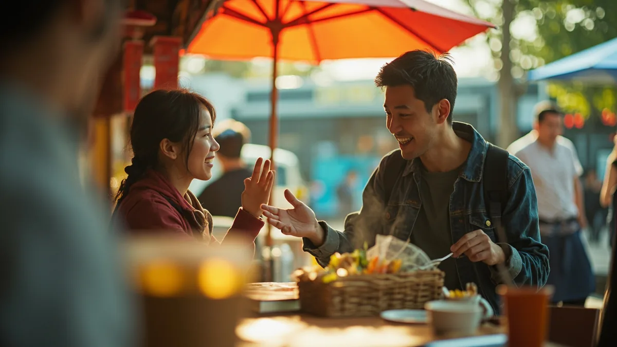 A traveler politely gestures while trying to order food at a bustling market stall, illustrating “I speak a little Chinese” in Chinese: 我会说一点中文 (wǒ huì shuō yīdiǎn zhōngwén)