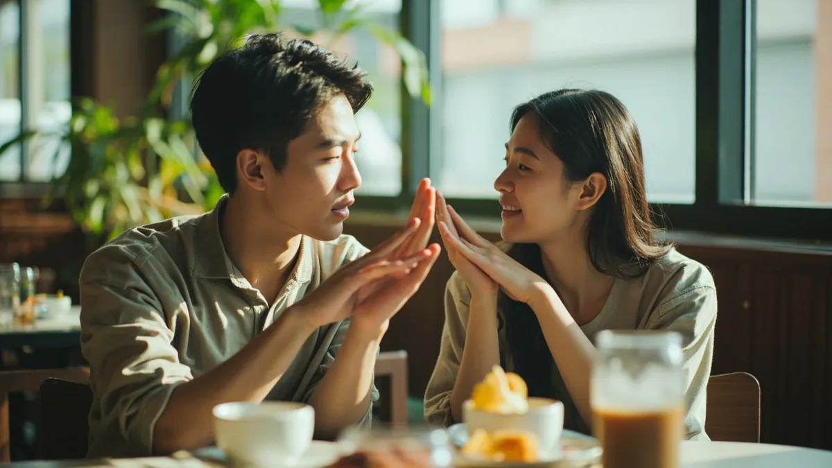 A student makes a humble gesture during a language exchange meeting, illustrating “I speak a little” in Chinese: 我会说一点点 (wǒ huì shuō yīdiǎndiǎn)