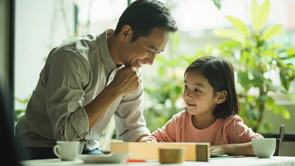 A person gives an approving nod while looking at a friend's creative project, illustrating “I think it's good” in Chinese: 我觉得很好 (wǒ juéde hěn hǎo)
