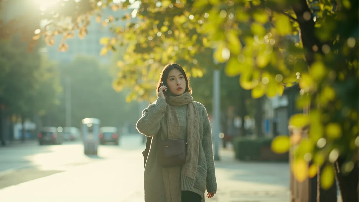 Adult stepping onto a sunny pavement, speaking on a phone, having reached a spot, illustrating “I've arrived” in Chinese: 我到了 (wǒ dào le)