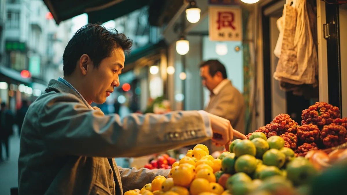 A person points to an item they want to purchase at a market stall, illustrating “I want” in Chinese: 我要 (wǒ yào)
