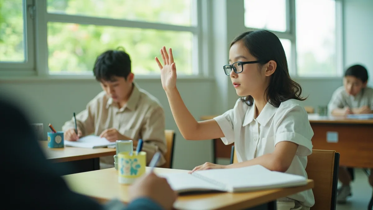 A student asks a teacher a question during a study session, illustrating “idioms examples” in Chinese: 成语的例子 (chéngyǔ de lìzi)