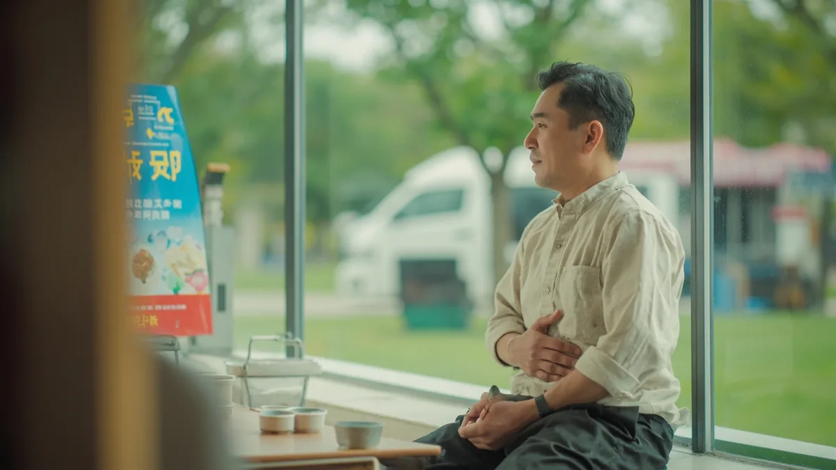 A person rubs their stomach and looks eagerly toward a food stall, illustrating “im hungry” in Chinese: 我饿了 (wǒ è le)