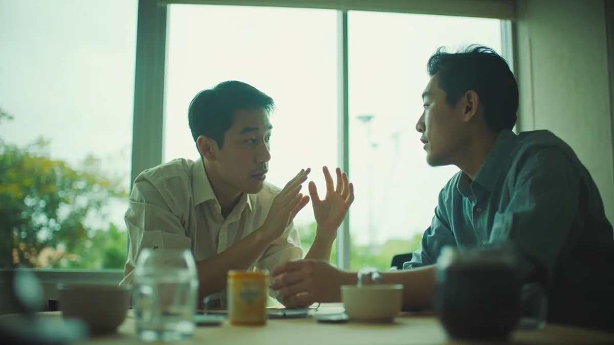 A speaker clarifies a point for a listener with a thoughtful gesture, illustrating “in other words” in Chinese: 换句话说 (huàn jù huà shuō)