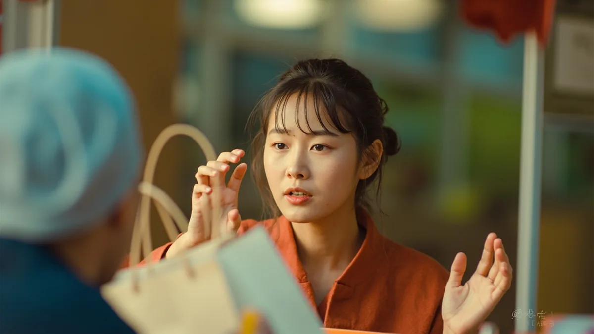 A vendor at a boutique offers a gift bag to a customer, illustrating “is it a gift” in Chinese: 是送人的吗？ (shì sòngrén de ma?)