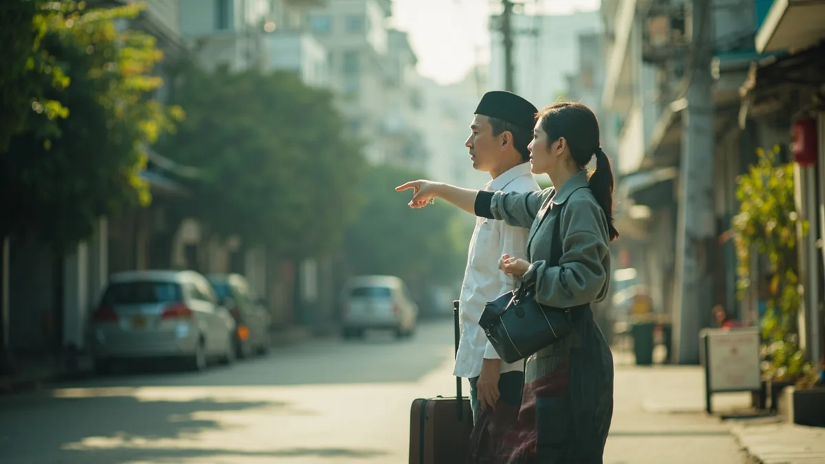 A traveler consults a resident about a destination's distance, illustrating “is it far from here” in Chinese: 离这儿远吗？ (lí zhèr yuǎn ma?)