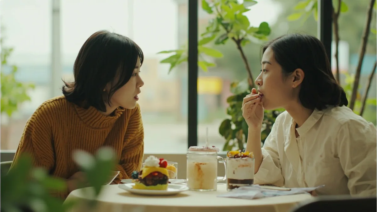 A friend asks another friend about the taste of a dessert, illustrating “is it yummy” in Chinese: 好吃吗？ (hǎochī ma?)