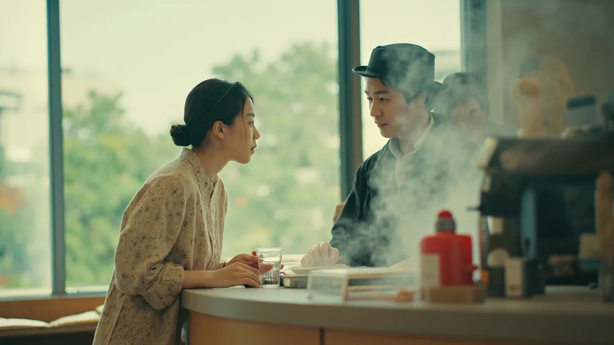 A customer asks a staff member at a counter if the manager is available, illustrating “is the manager in” in Chinese: 经理在吗？ (jīnglǐ zài ma?)