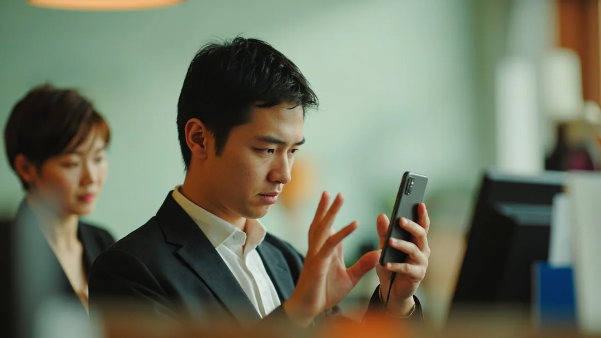 A person holds a low-battery phone while asking a cafe worker a question, illustrating “is there a power bank to rent” in Chinese: 有共享充电宝吗？ (yǒu gòngxiǎng chōngdiànbǎo ma?)